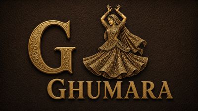 Ghumara logo: a gold ornamental letter G beside a gold Indian dancer with raised arms, above the word GHUMARA, on dark brown leather