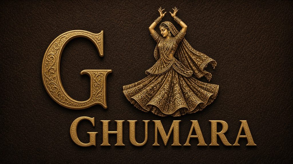 Ghumara logo: a gold ornamental letter G beside a gold Indian dancer with raised arms, above the word GHUMARA, on dark brown leather